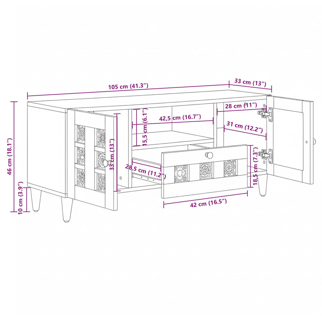 Tv Cabinet 105 X 33.5 X 46 Cm Solid Mango Wood