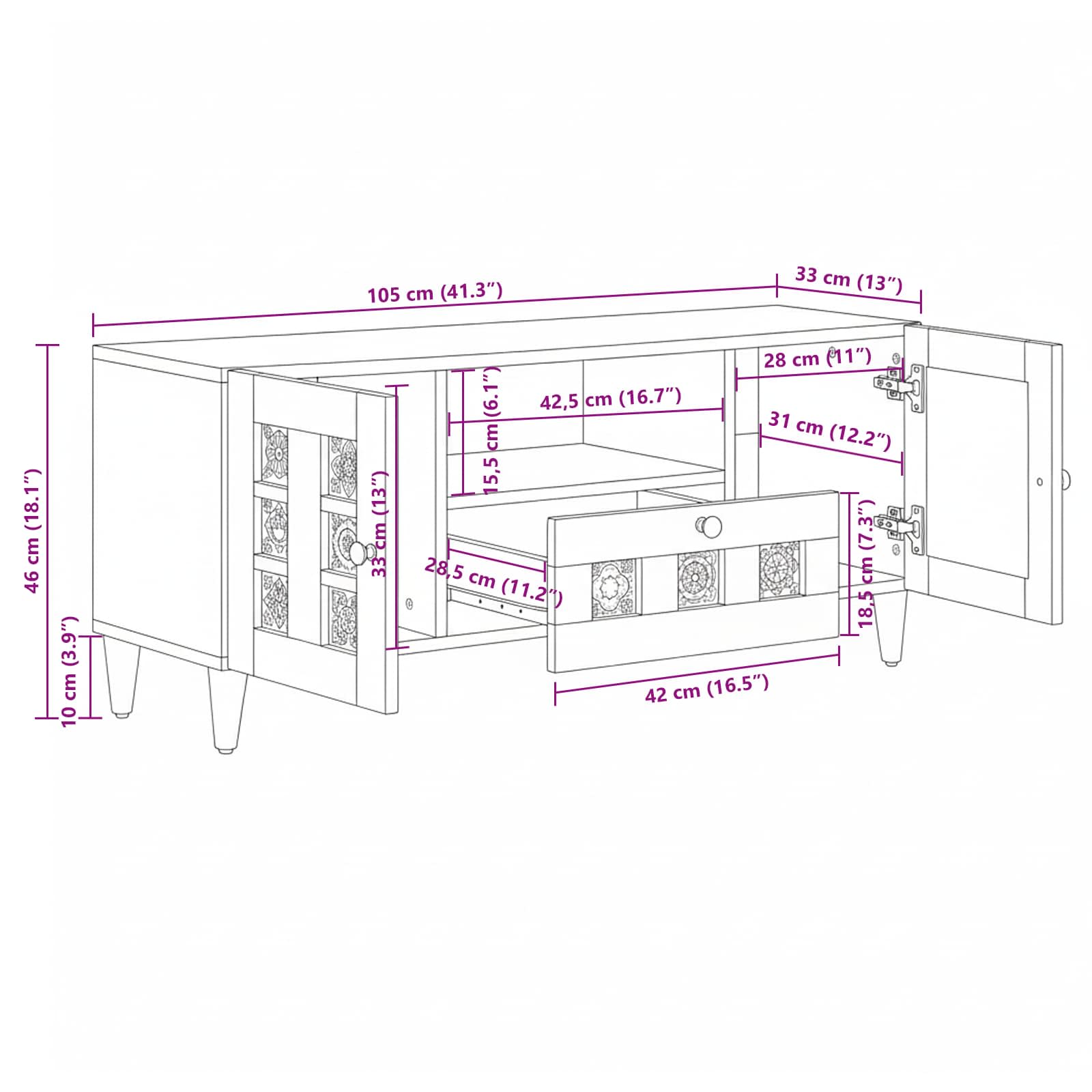 Tv Cabinet 105 X 33.5 X 46 Cm Solid Mango Wood