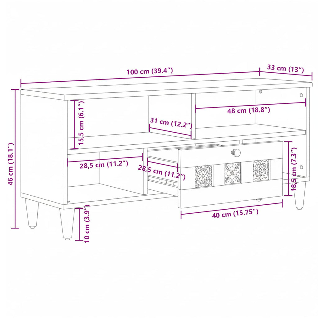 Tv Cabinet With Shelf 100 X 33 X 46 Cm Solid Mango Wood
