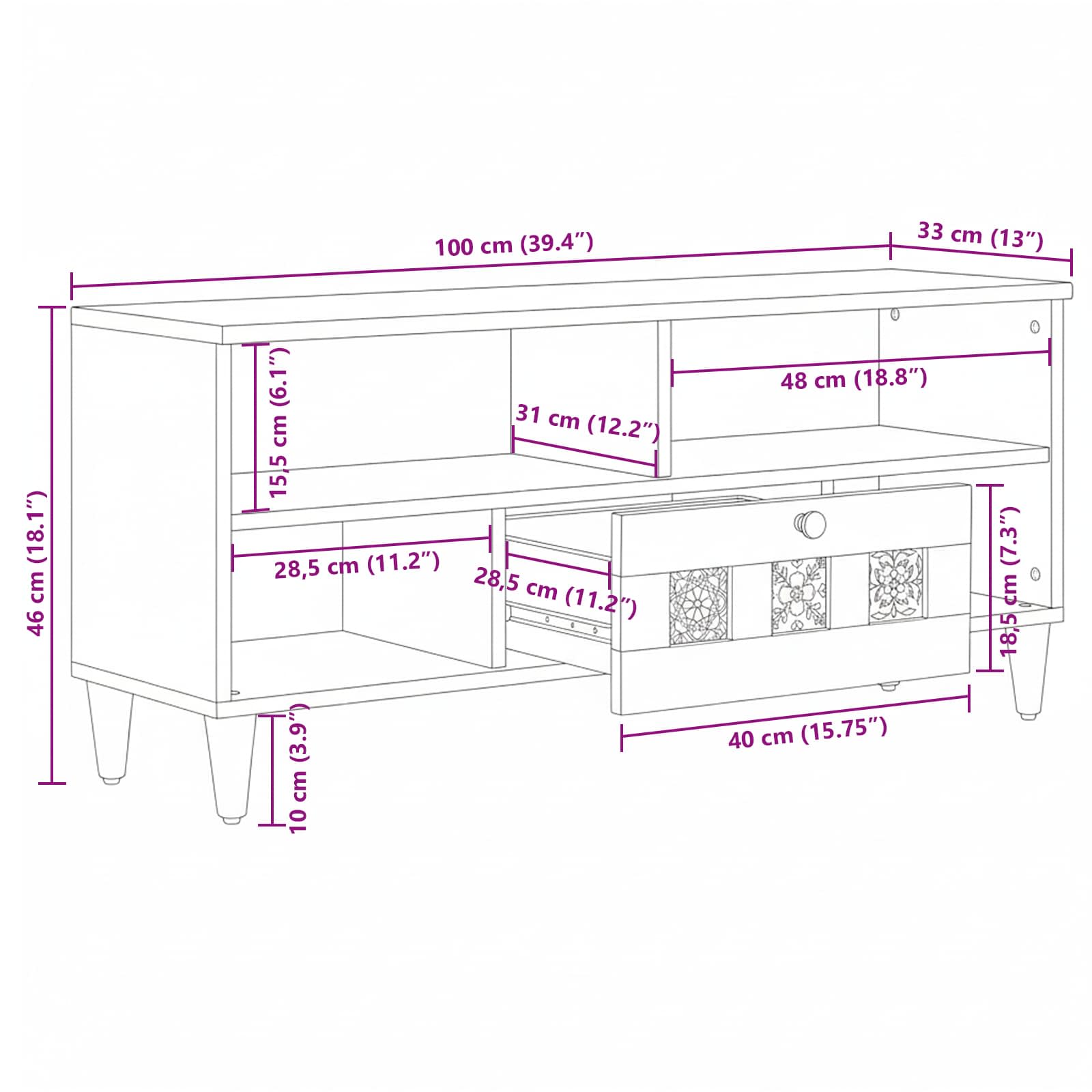 Tv Cabinet With Shelf 100 X 33 X 46 Cm Solid Mango Wood