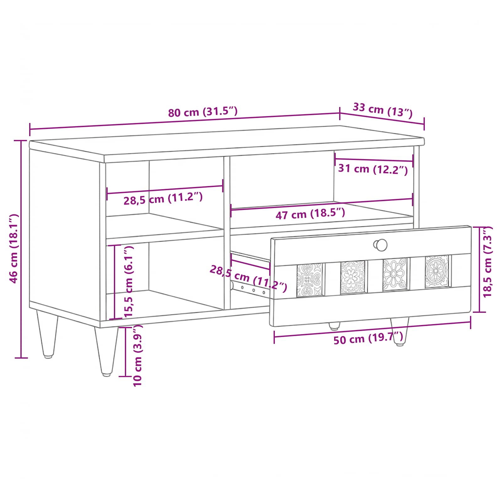 Tv Cabinet With Drawer 80 X 33 X 46 Cm Solid Mango Wood