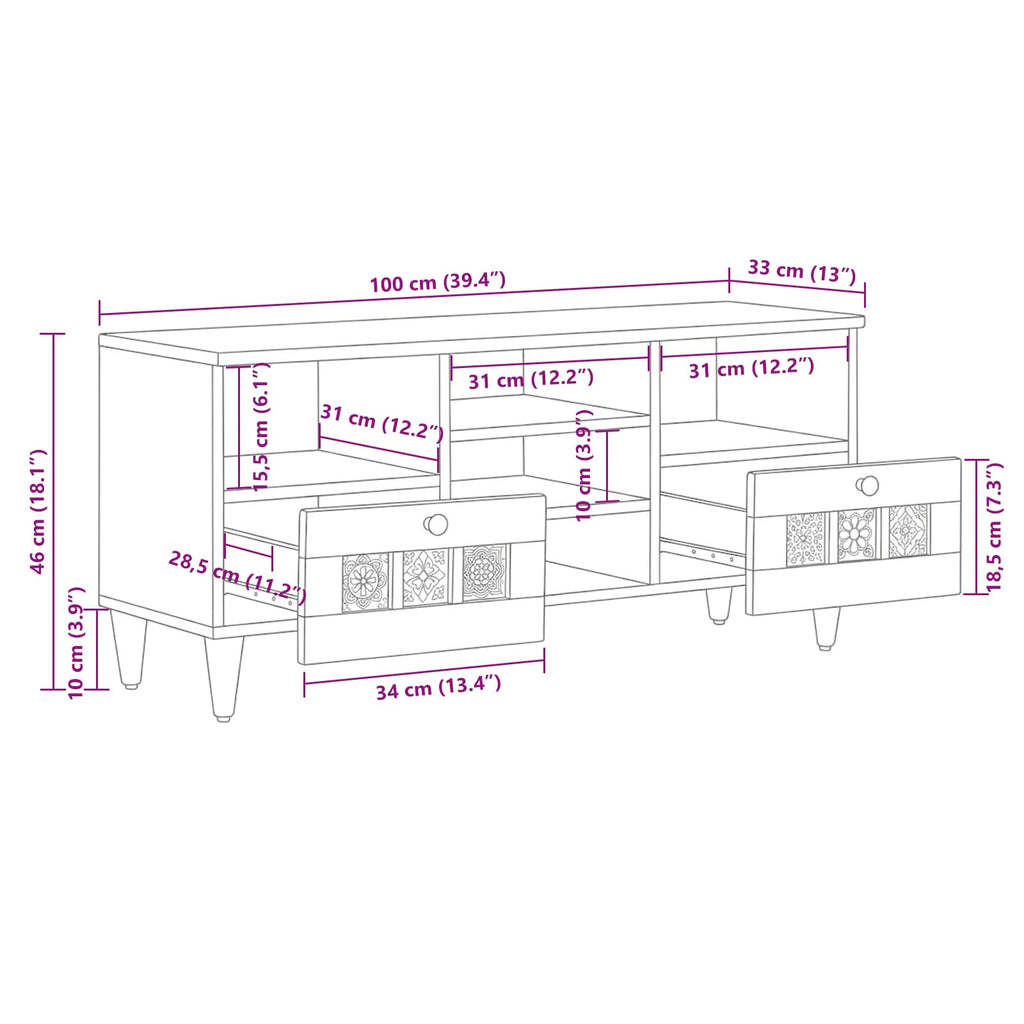 Tv Cabinet With Shelf 100 X 33 X 46 Cm Solid Mango Wood