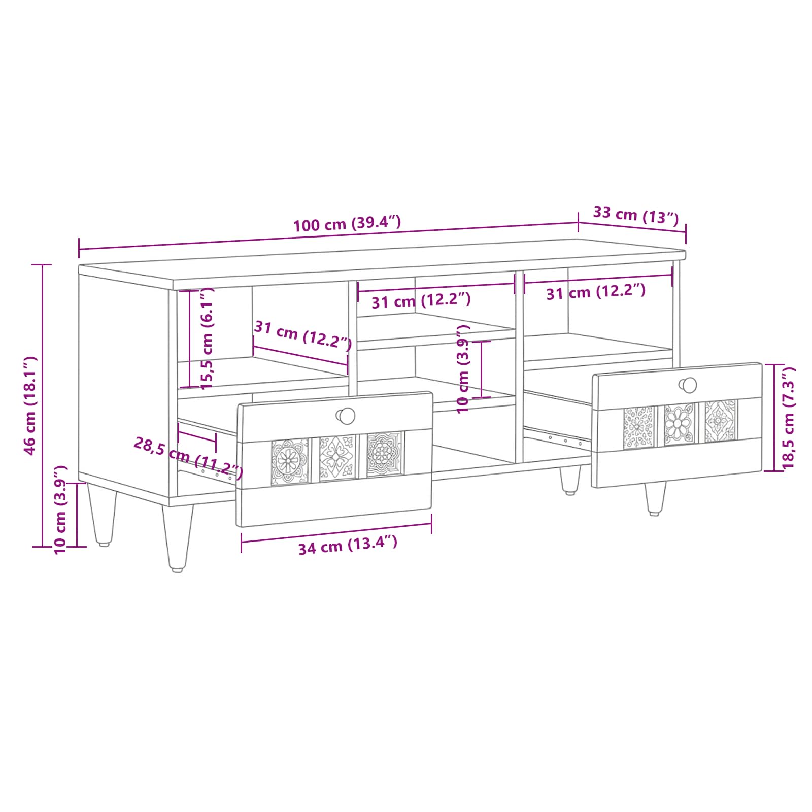 Tv Cabinet With Shelf 100 X 33 X 46 Cm Solid Mango Wood