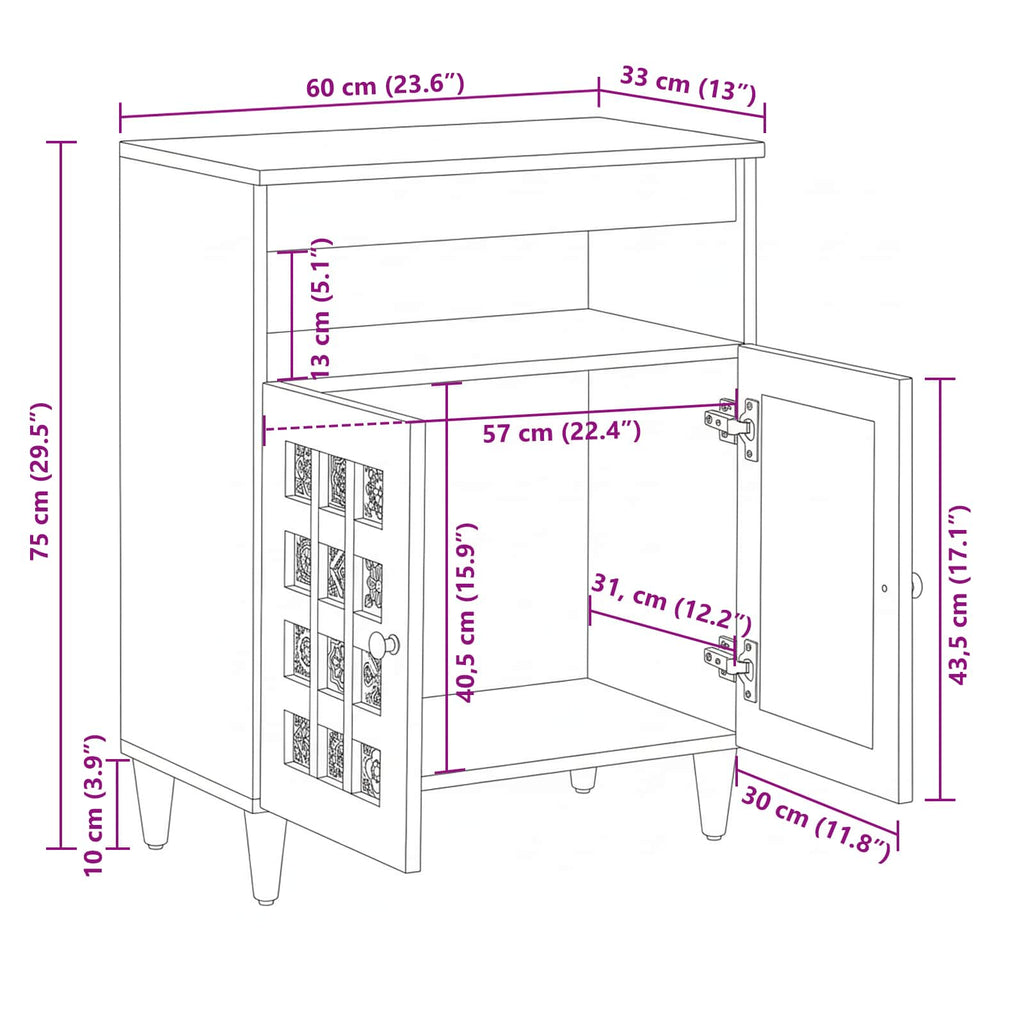 Sideboard With Door 60 X 33.5 X 75 Cm Solid Mango Wood
