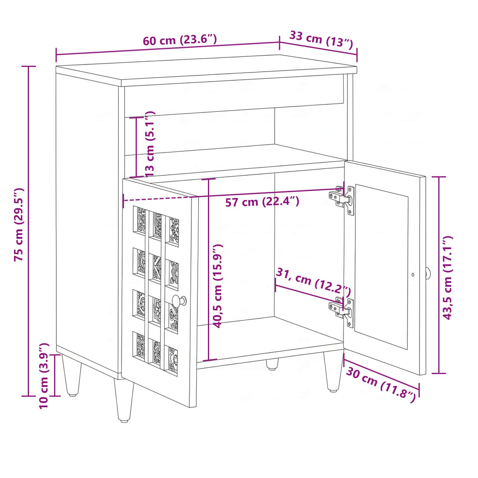 Sideboard With Door 60 X 33.5 X 75 Cm Solid Mango Wood
