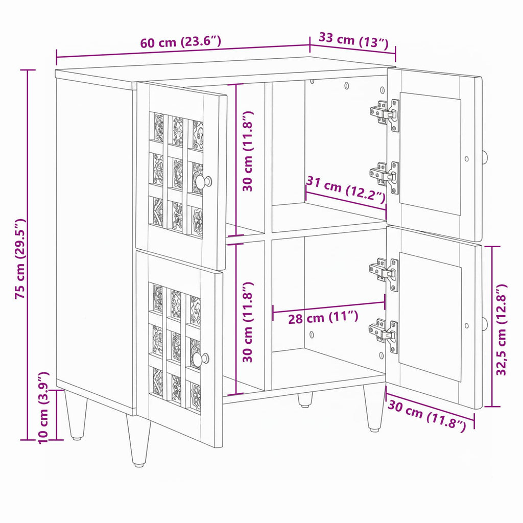 Sideboard With Storage 60 X 33 X 75 Cm Solid Mango Wood
