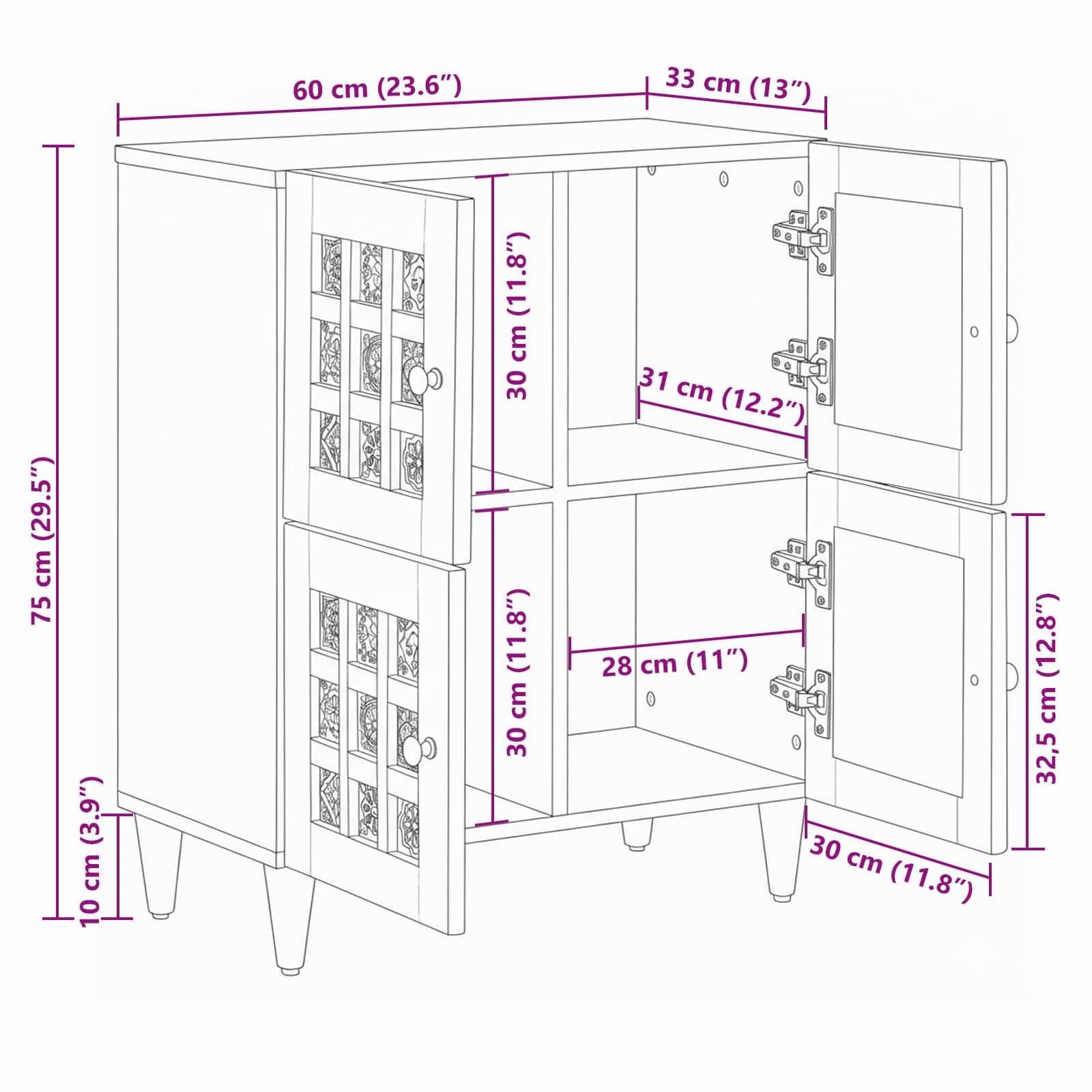 Sideboard With Storage 60 X 33 X 75 Cm Solid Mango Wood