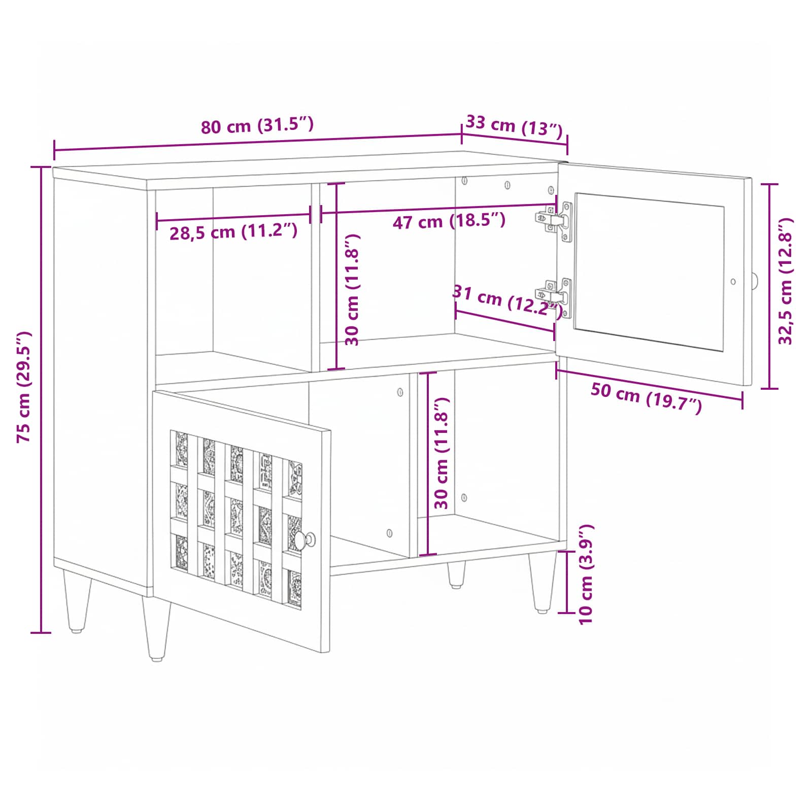 Sideboard With Storage 80 X 33 X 75 Cm Solid Mango Wood