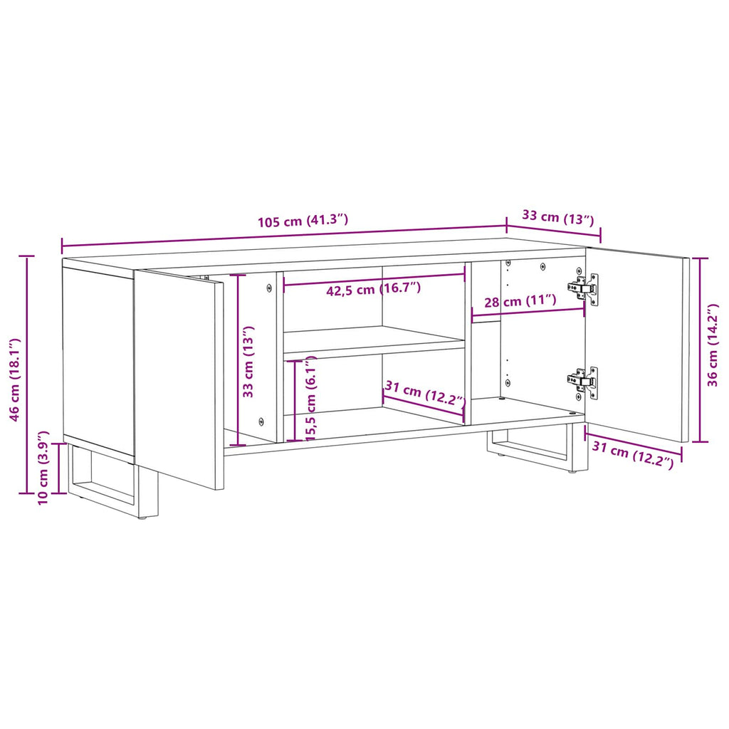 Tv Cabinet With Storage Brown 105 X 33 X 46 Cm Solid Mango Wood
