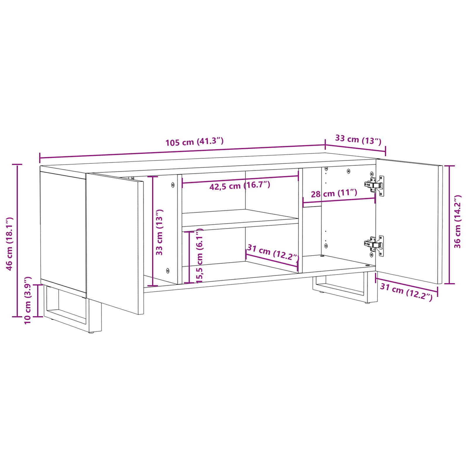 Tv Cabinet With Storage Brown 105 X 33 X 46 Cm Solid Mango Wood