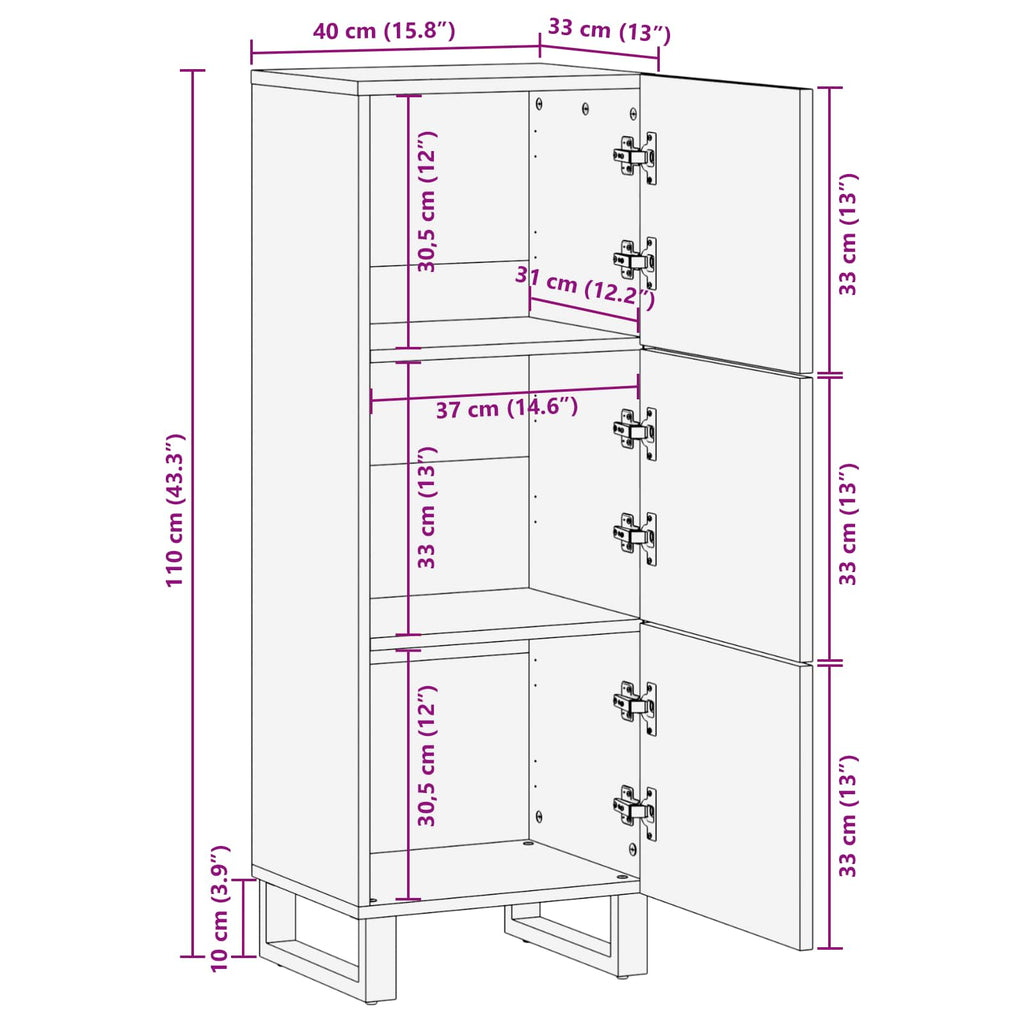 Storage Highboard Brown 40 X 33 X 110 Cm Solid Mango Wood