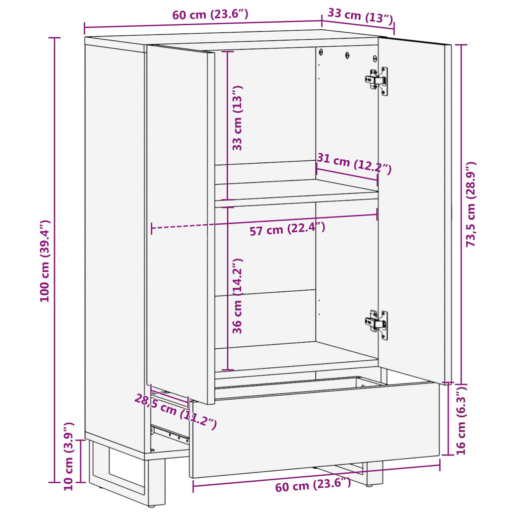 Storage Highboard Brown 60 X 33 X 100 Cm Solid Mango Wood