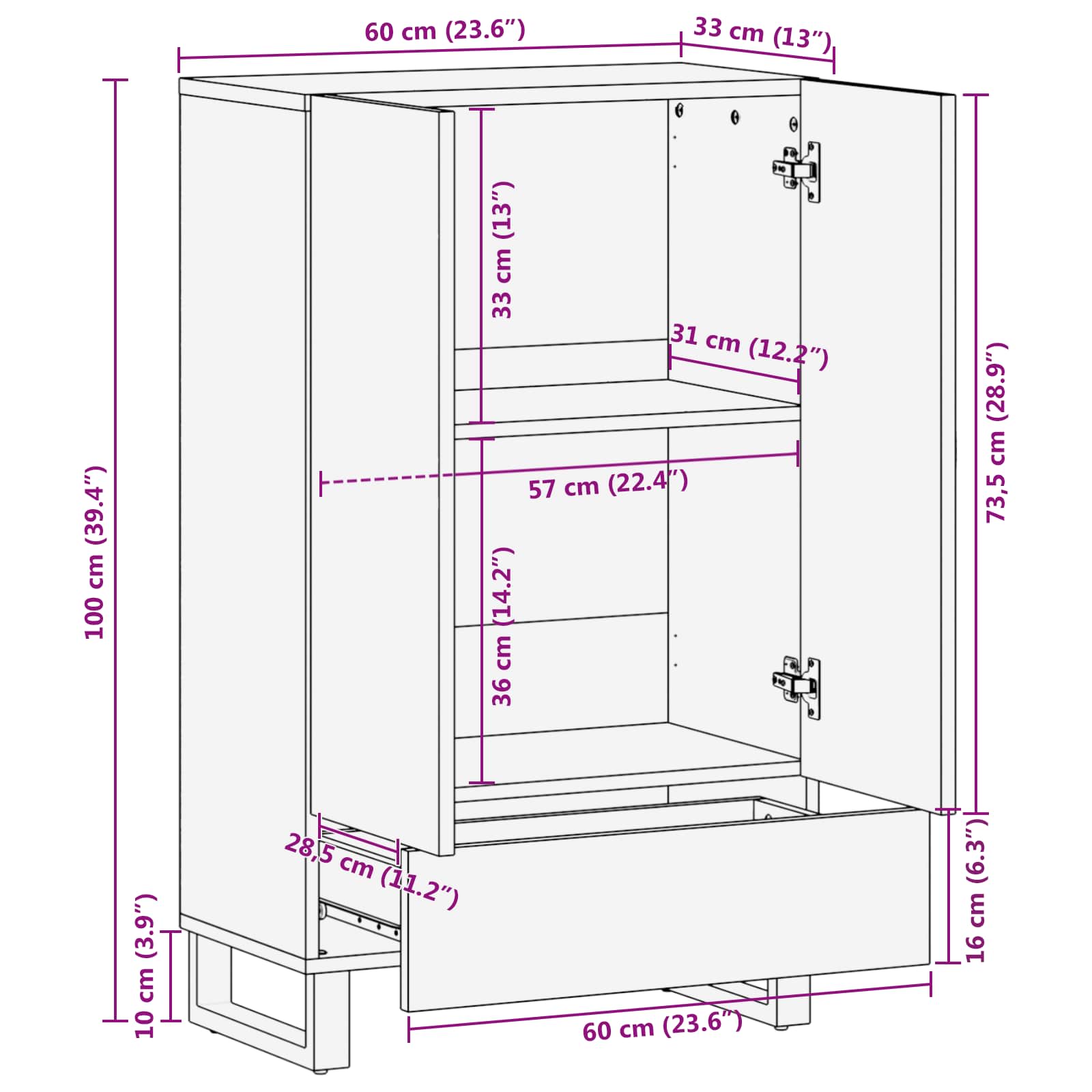 Storage Highboard Brown 60 X 33 X 100 Cm Solid Mango Wood