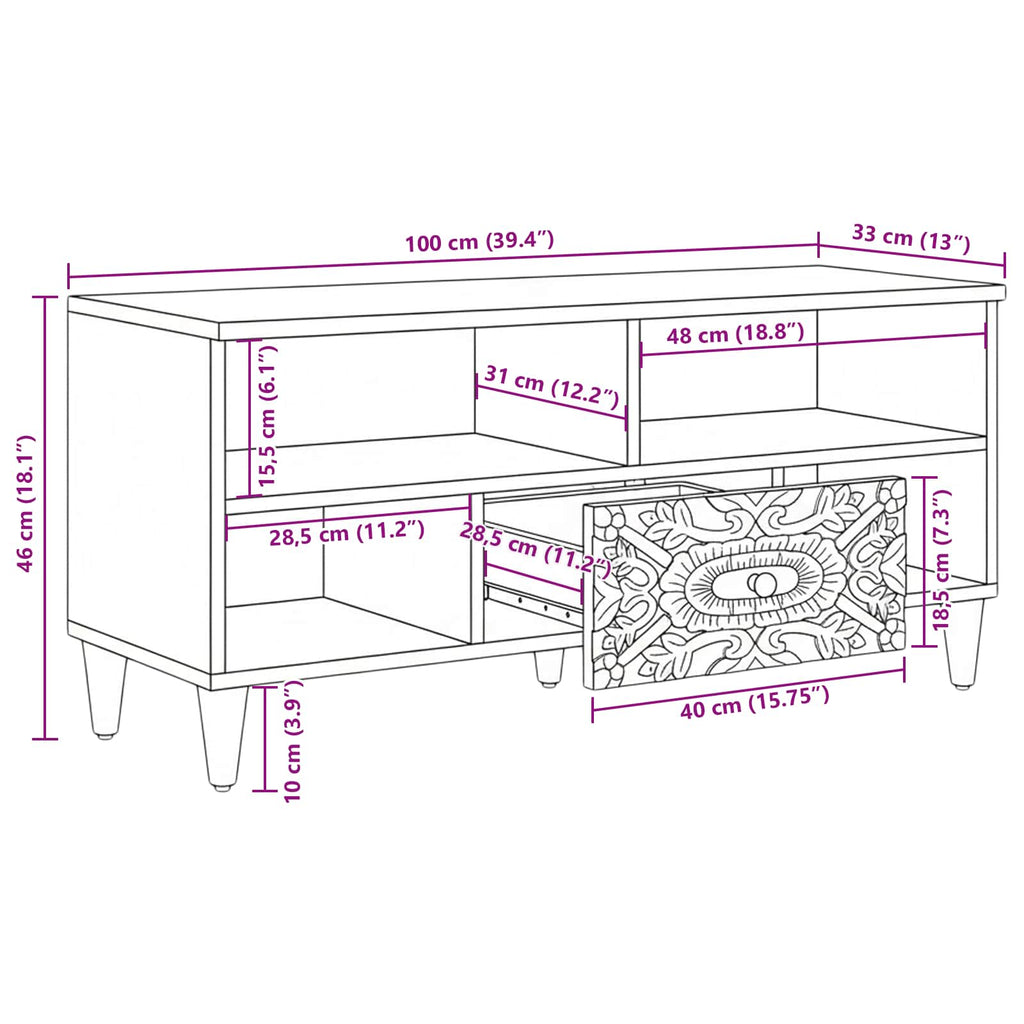 Tv Cabinet With Shelf 100 X 33.5 X 46 Cm Solid Mango Wood