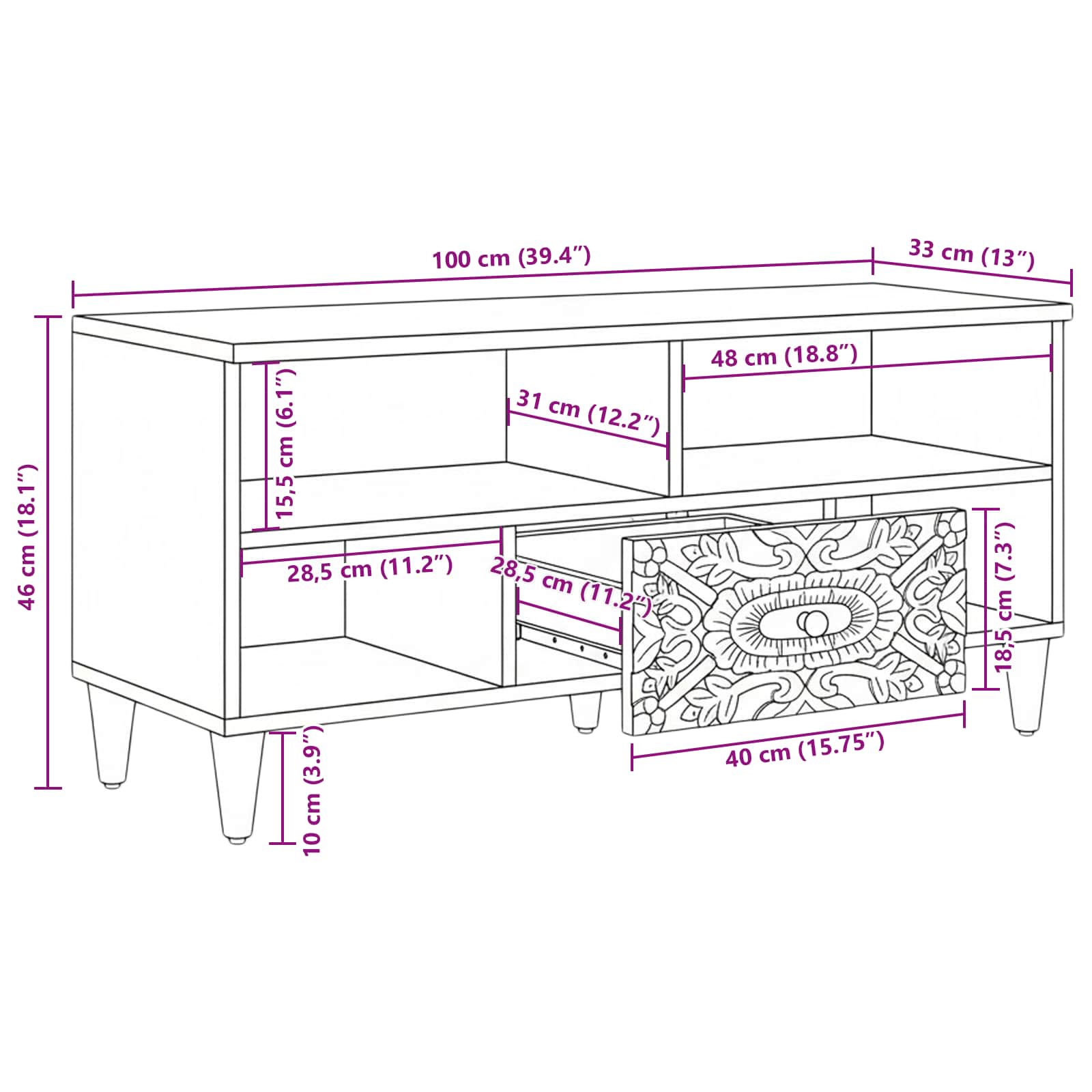 Tv Cabinet With Shelf 100 X 33.5 X 46 Cm Solid Mango Wood