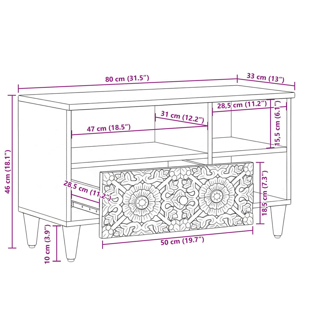 Tv Cabinet With Drawer 80 X 33.5 X 46 Cm Solid Mango Wood