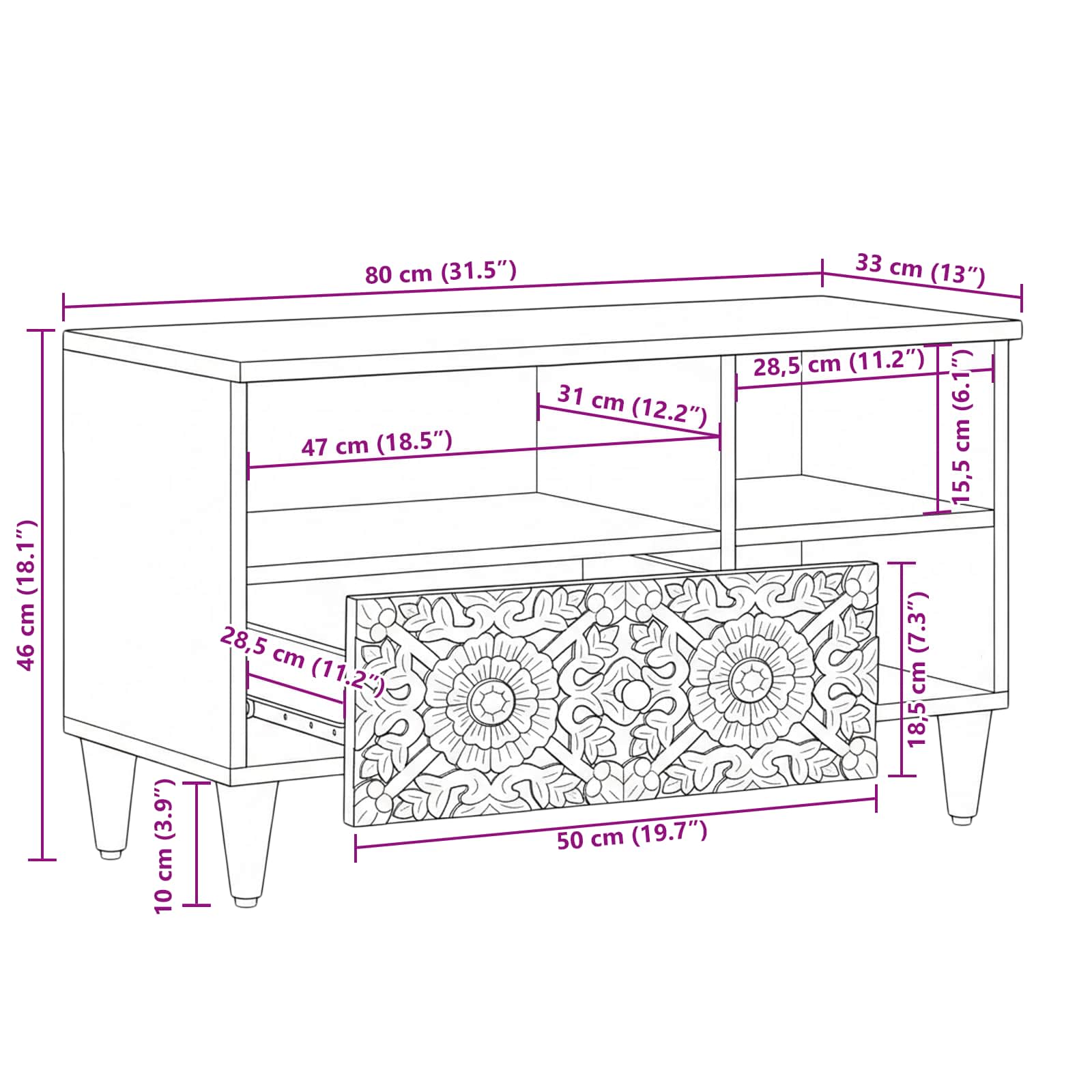 Tv Cabinet With Drawer 80 X 33.5 X 46 Cm Solid Mango Wood