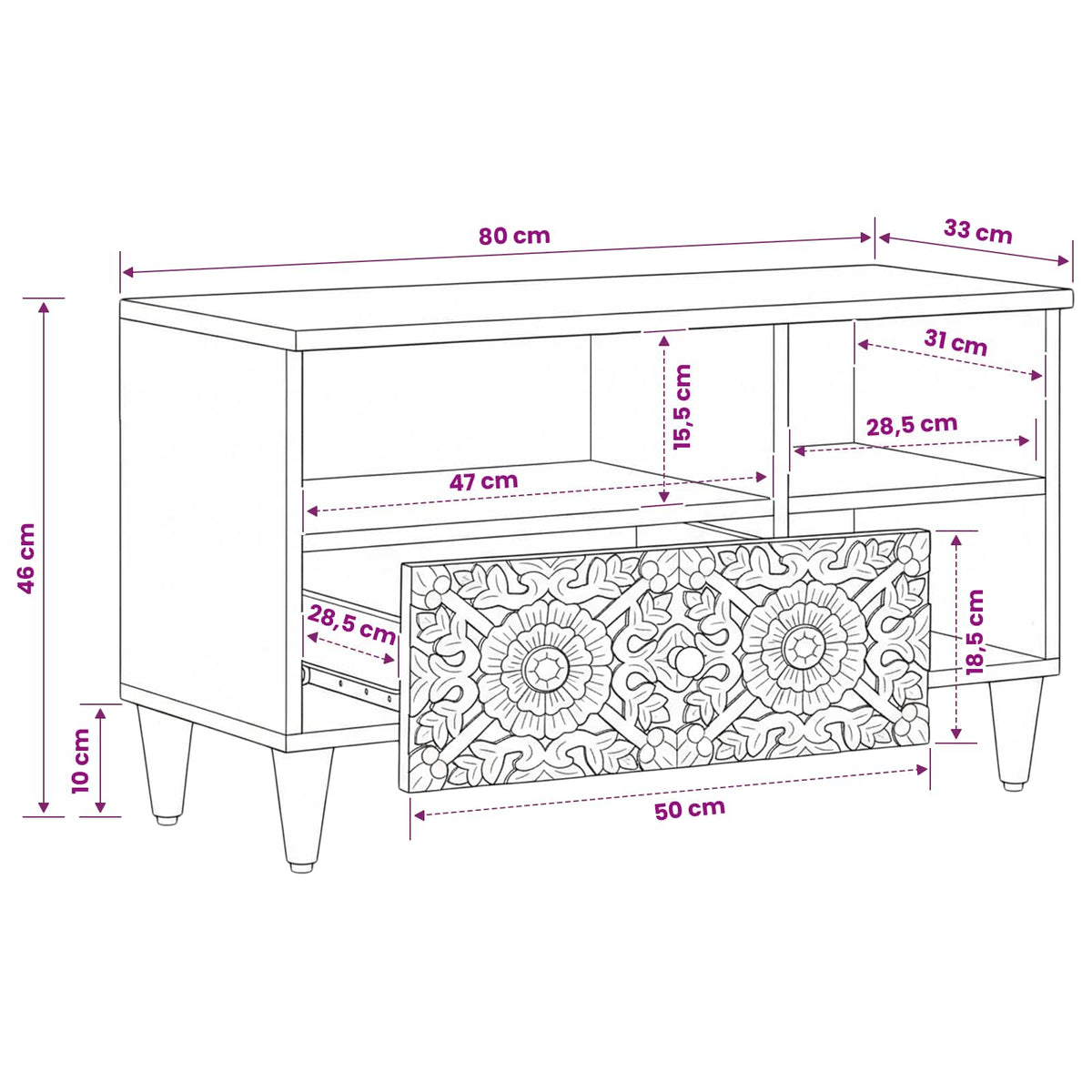 Media Storage Cabinet Solid Mango Wood TV 80cm Unit Drawer Entertainment Stand B