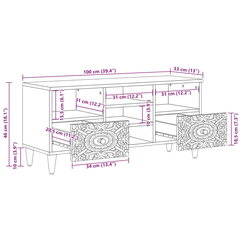 Tv Cabinet With Shelf 100 X 33.5 X 46 Cm Solid Mango Wood