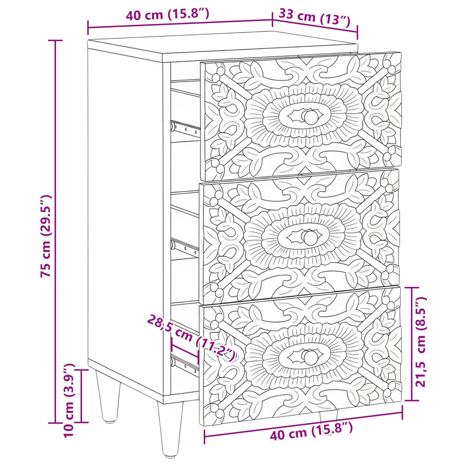 Sideboard With Drawer 40 X 33.5 X 75 Cm Solid Mango Wood