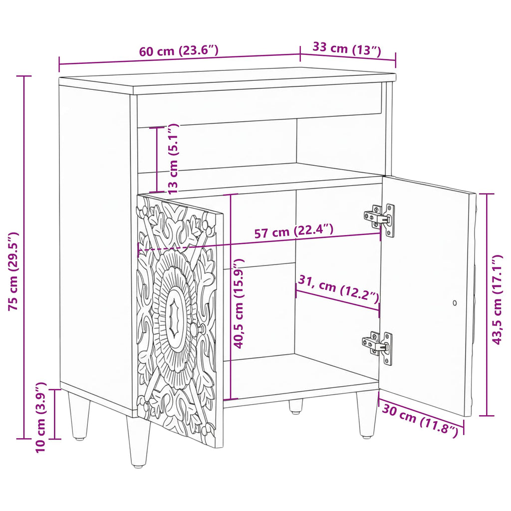 Sideboard With Storage 60 X 33.5 X 75 Cm Solid Mango Wood