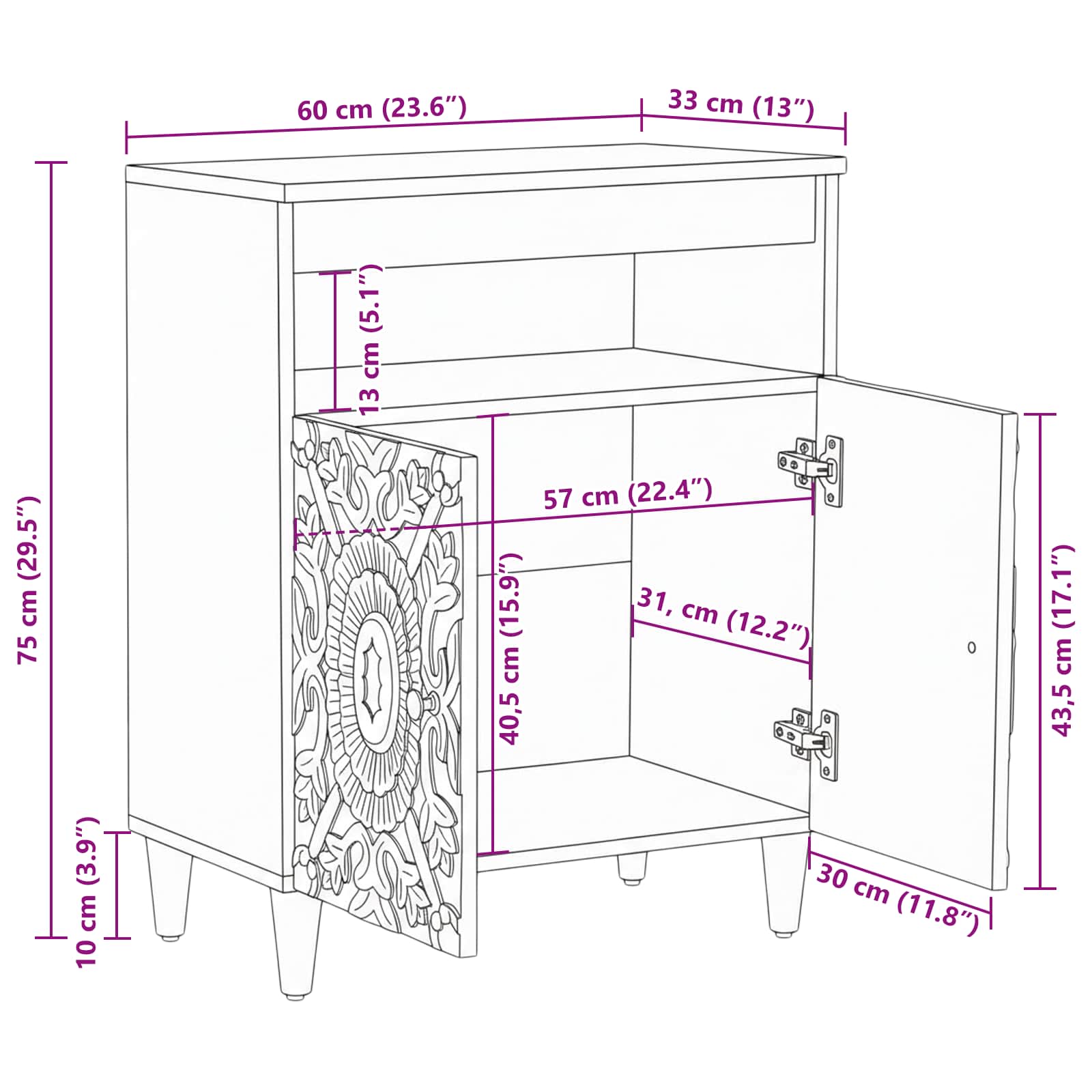 Sideboard With Storage 60 X 33.5 X 75 Cm Solid Mango Wood