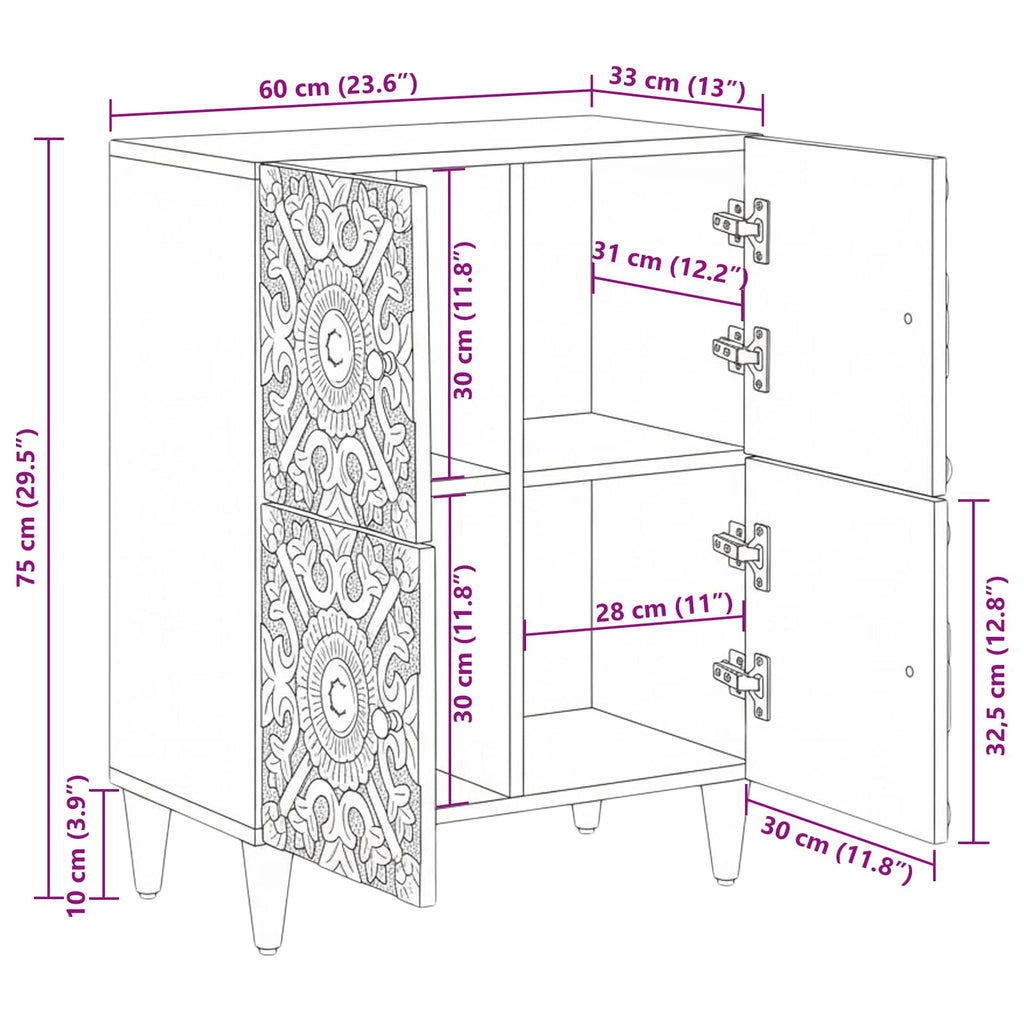 Sideboard With Storage 60 X 33.5 X 75 Cm Solid Mango Wood