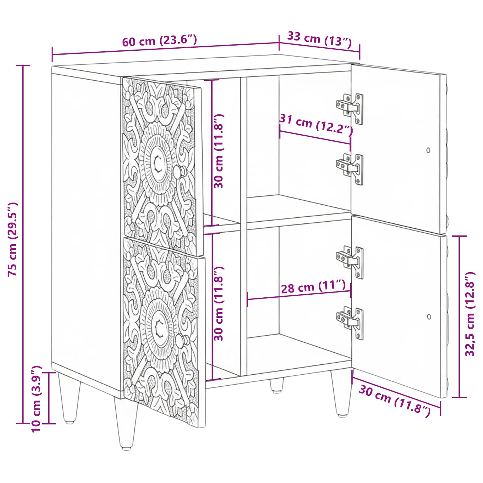 Sideboard With Storage 60 X 33.5 X 75 Cm Solid Mango Wood