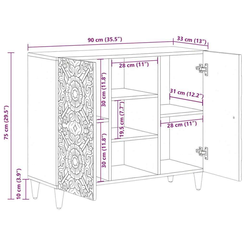 Sideboard With Shelf 90 X 33.5 X 75 Cm Solid Mango Wood