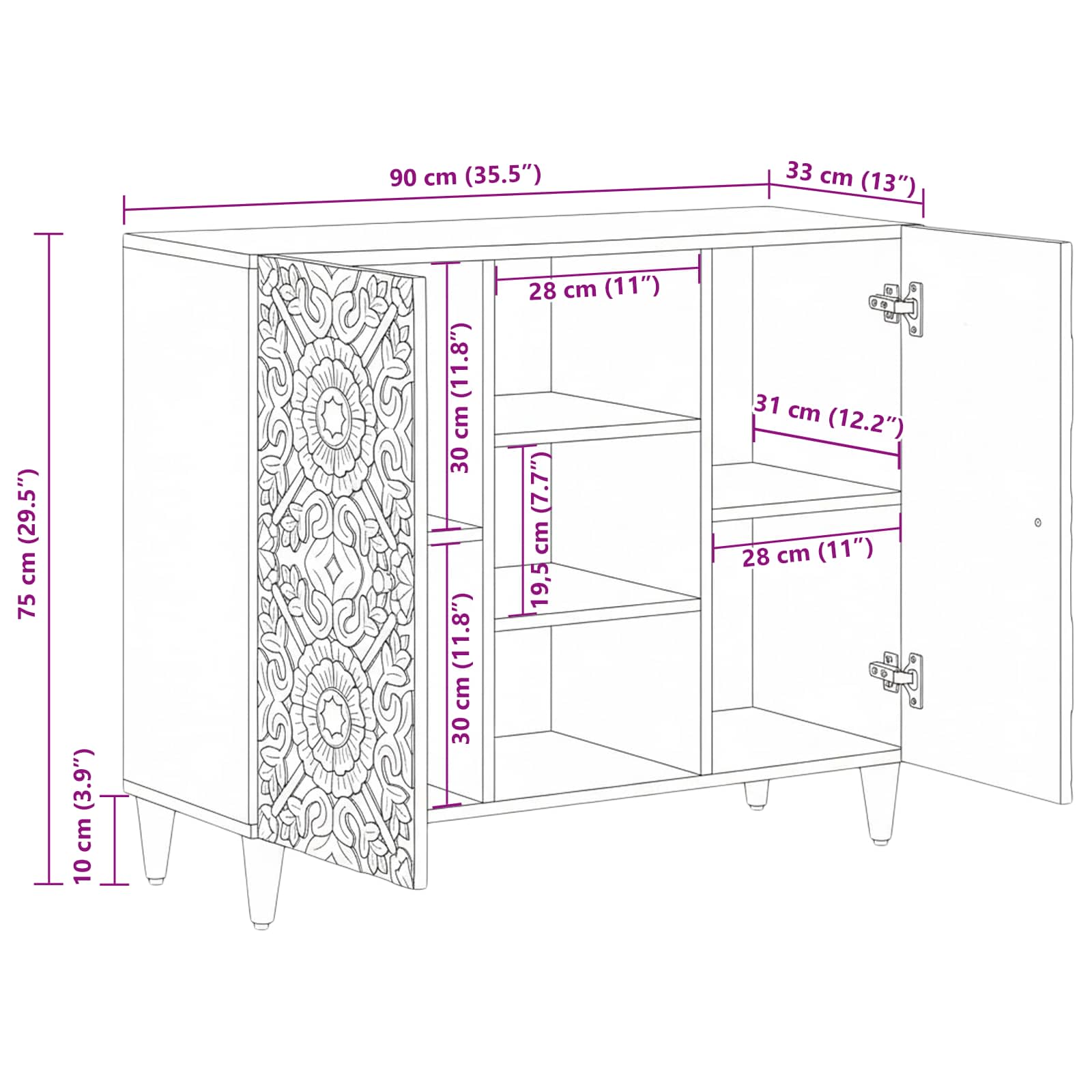 Sideboard With Shelf 90 X 33.5 X 75 Cm Solid Mango Wood