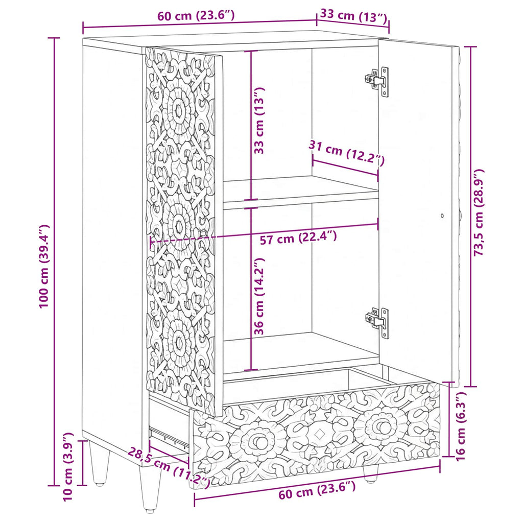 High Board With Shelf 60 X 33.5 X 100 Cm Solid Mango Wood