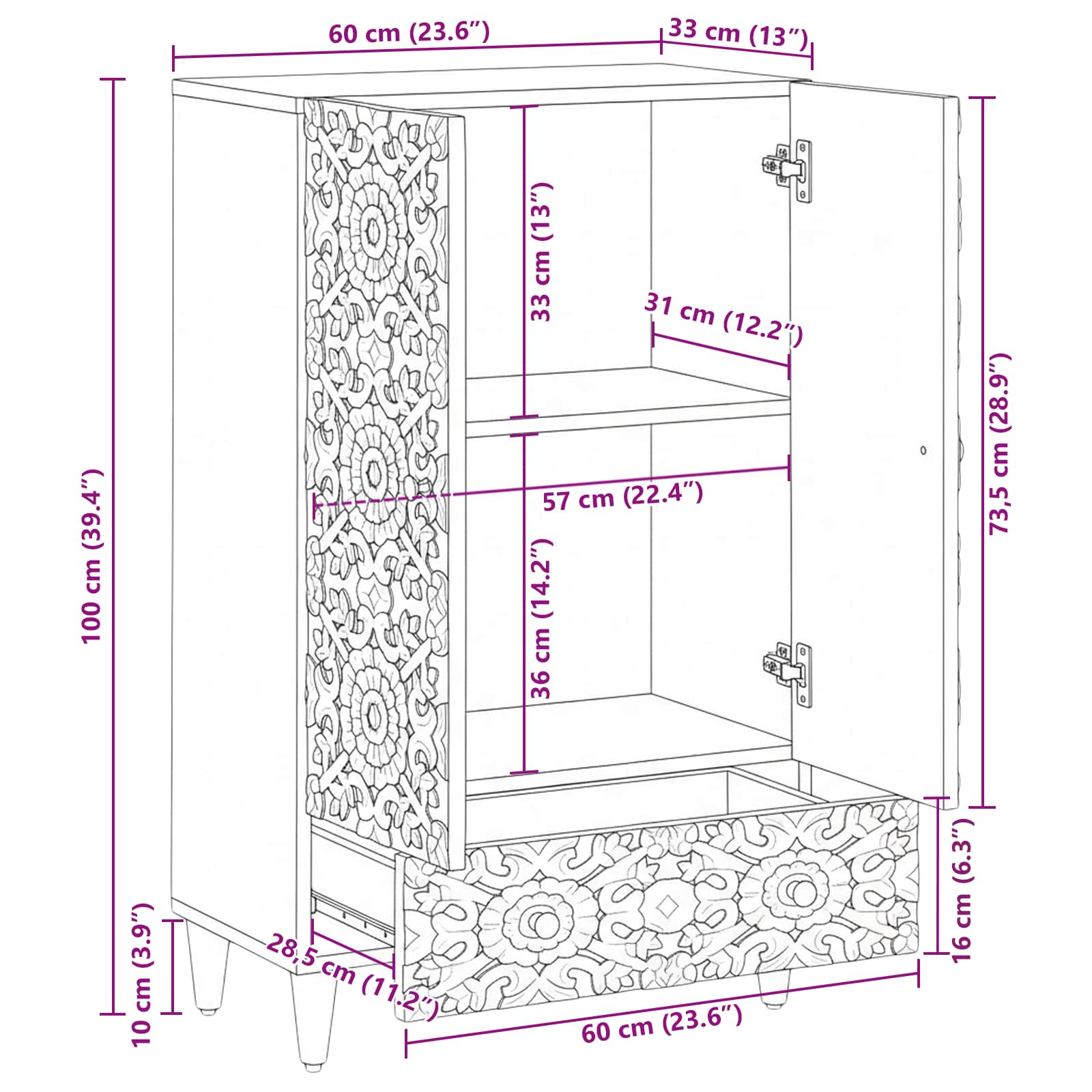 High Board With Shelf 60 X 33.5 X 100 Cm Solid Mango Wood