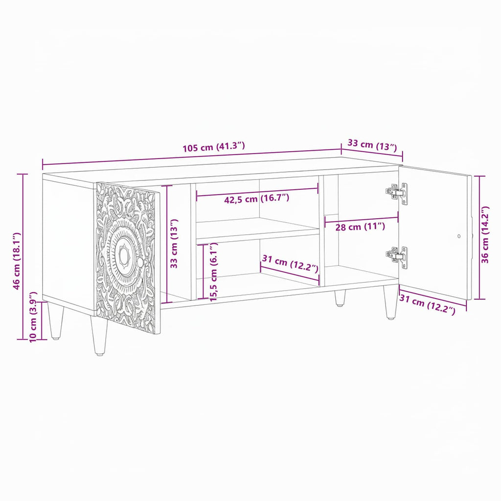 Tv Cabinet 105 X 33.5 X 46 Cm Solid Mango Wood