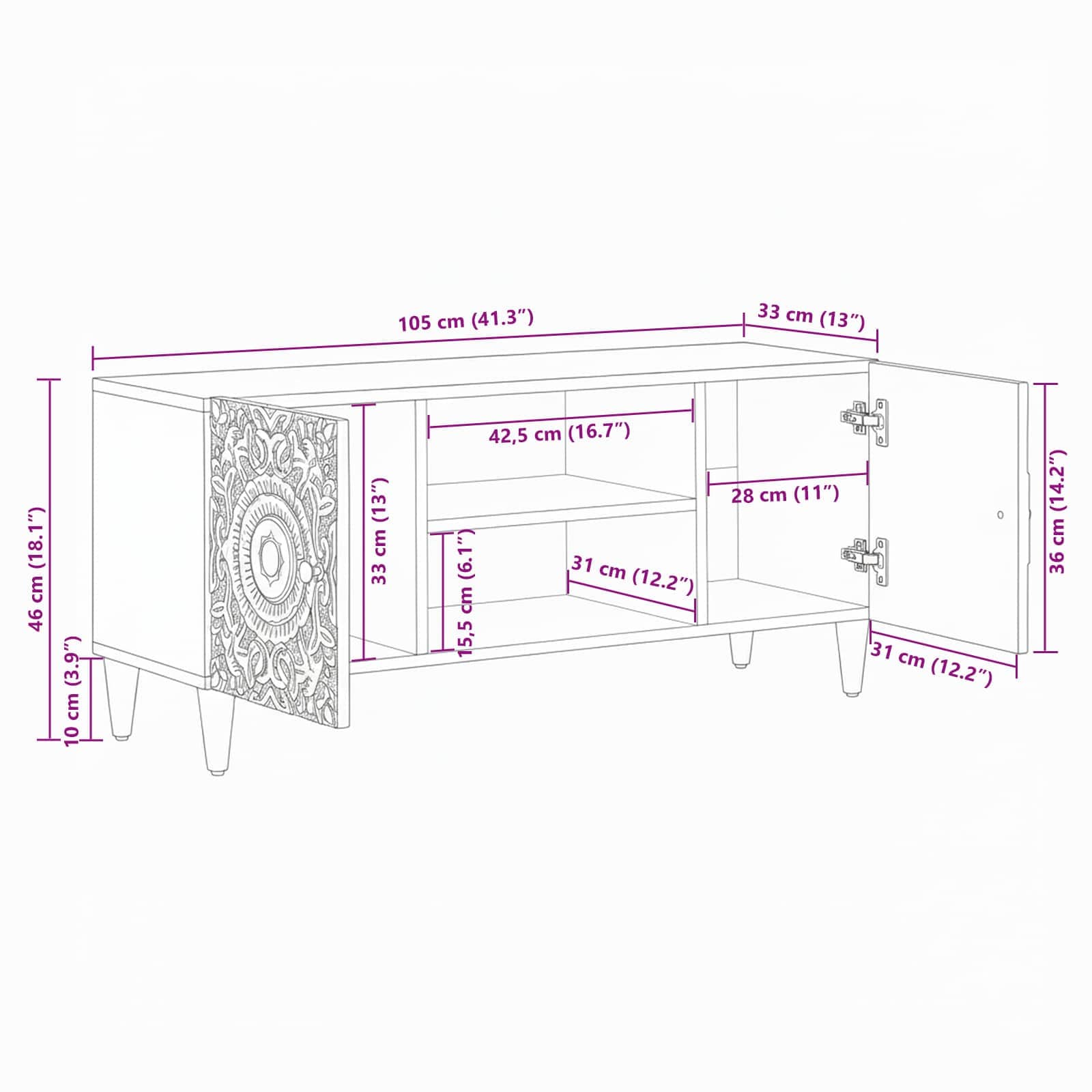 Tv Cabinet 105 X 33.5 X 46 Cm Solid Mango Wood