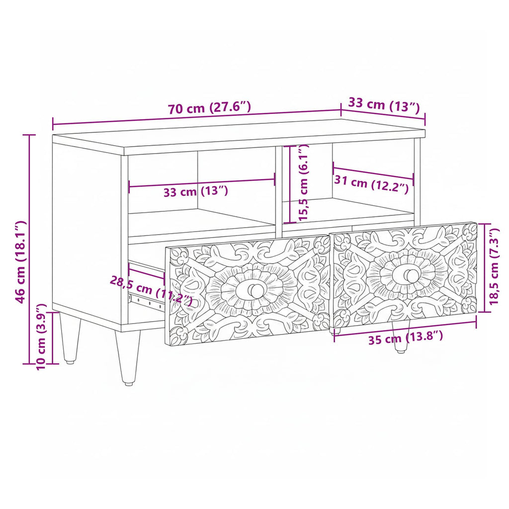 Tv Cabinet 70 X 33.5 X 46 Cm Solid Mango Wood