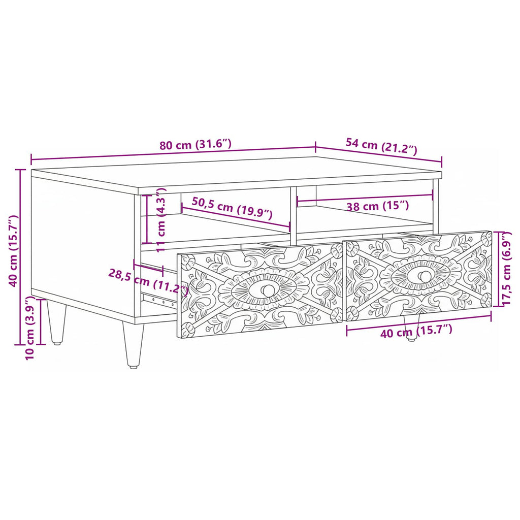 Coffee Table With Drawer 80 X 54 X 40 Cm Solid Mango Wood