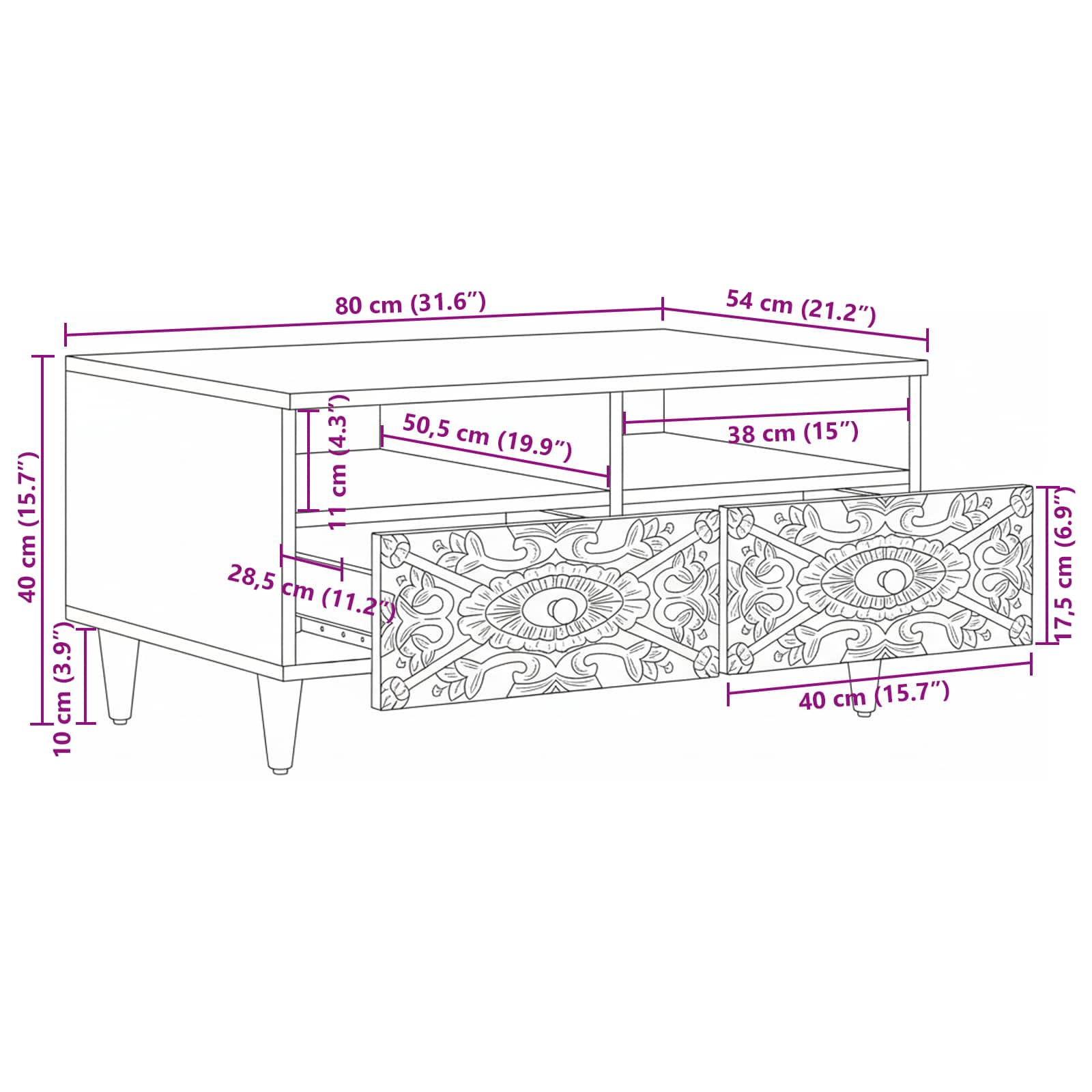 Coffee Table With Drawer 80 X 54 X 40 Cm Solid Mango Wood