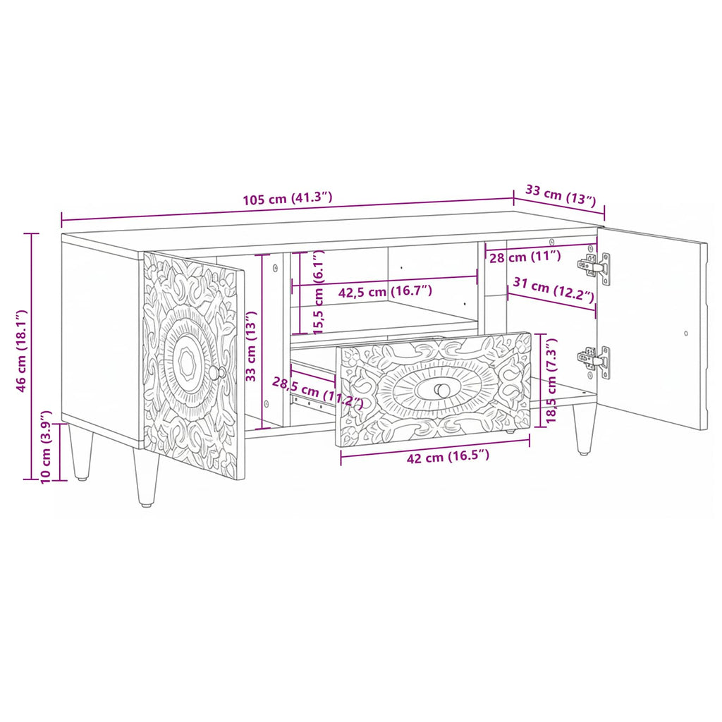 Tv Cabinet With Door 105 X 33.5 X 46 Cm Solid Mango Wood