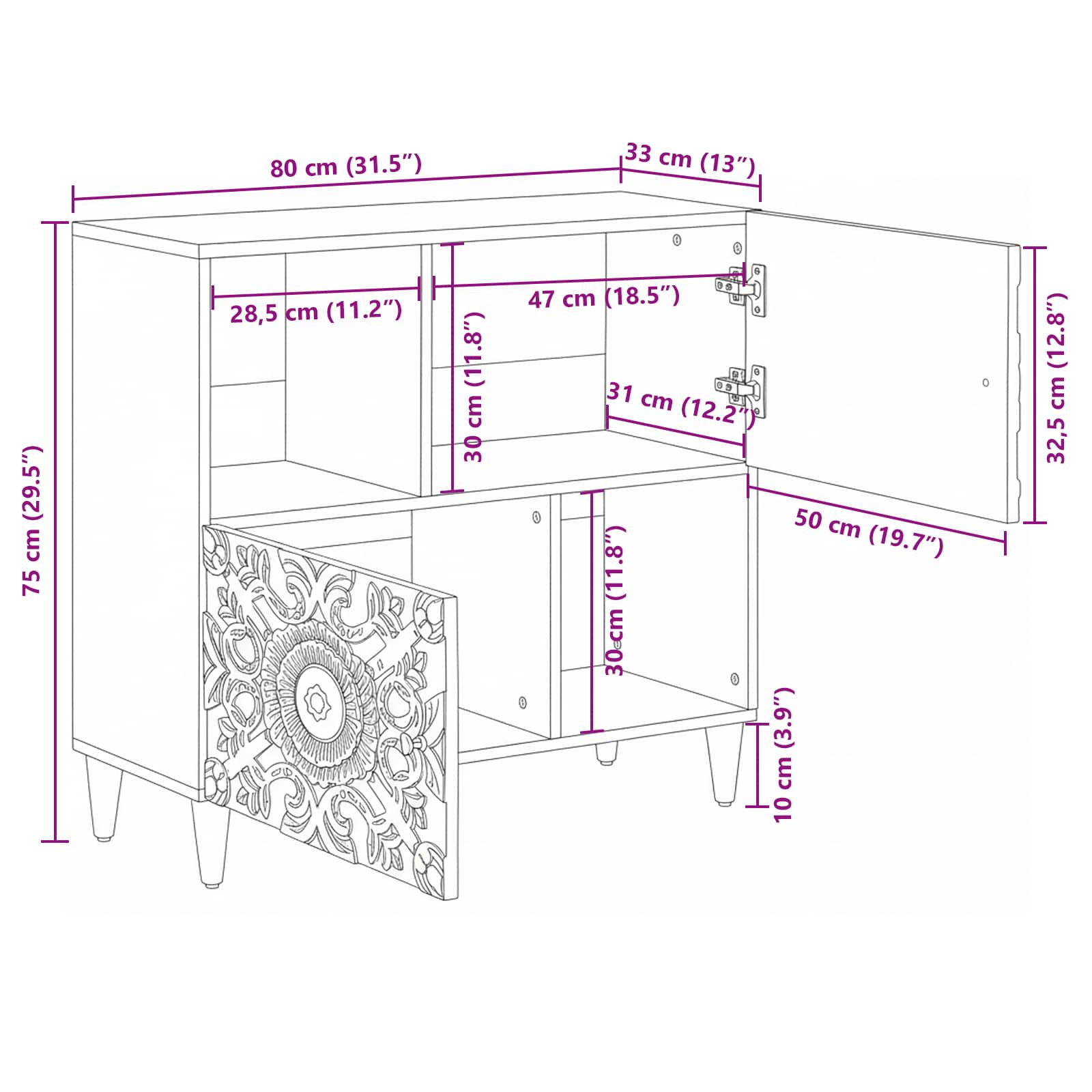 Sideboard With Storage 80 X 33.5 X 75 Cm Solid Mango Wood