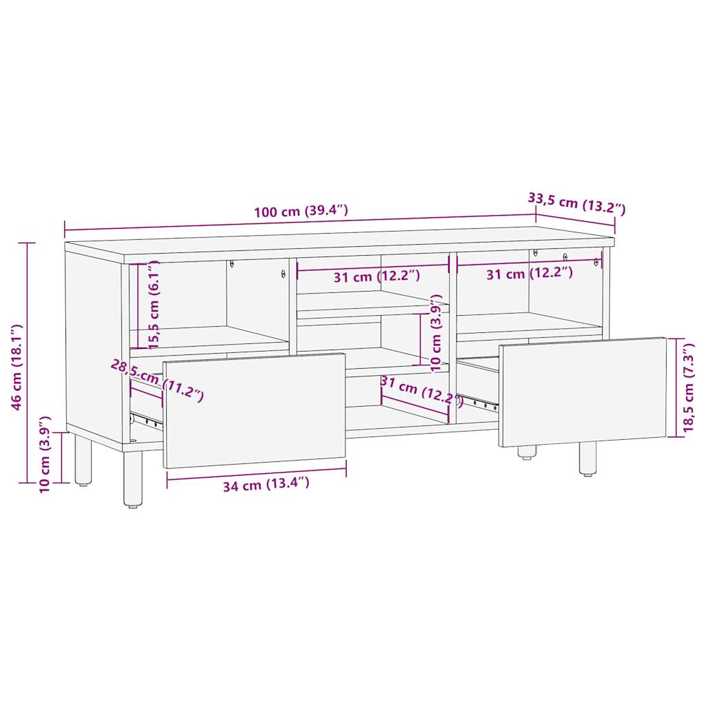 Tv Cabinet Black 100X33.5X46 Cm Solid Rough Wood Mango