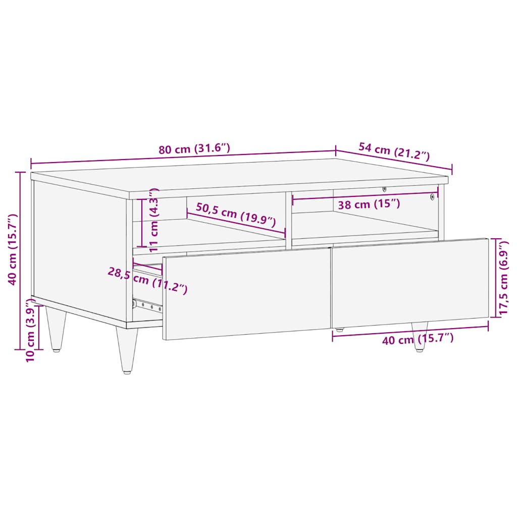 Coffee Table Solid Mango Wood Rustic Living Room Furniture 80x54x40cm metal 80 c