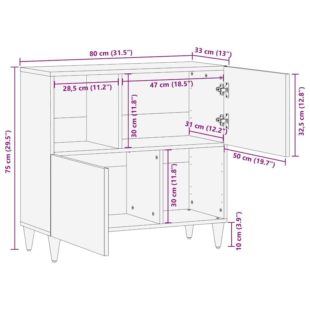 Media Storage Cabinet Sideboard Gold 80 X 33 75 Cm Solid Mango Wood Grey Black 8