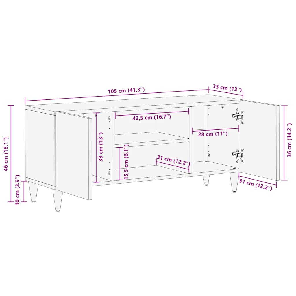 Tv Cabinet With Shelf 105 X 33 X 46 Cm Solid Mango Wood