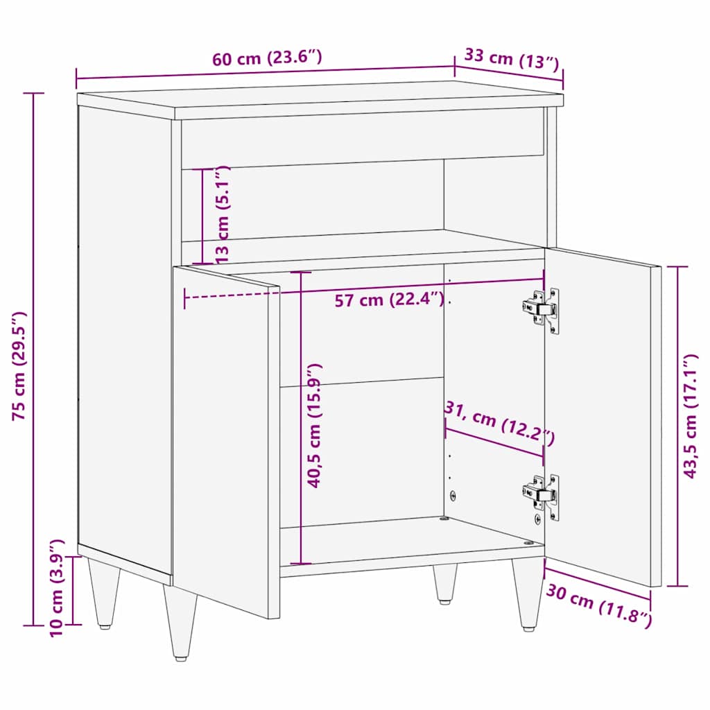 Sideboard With Shelf 60 X 33 X 75 Cm Solid Mango Wood