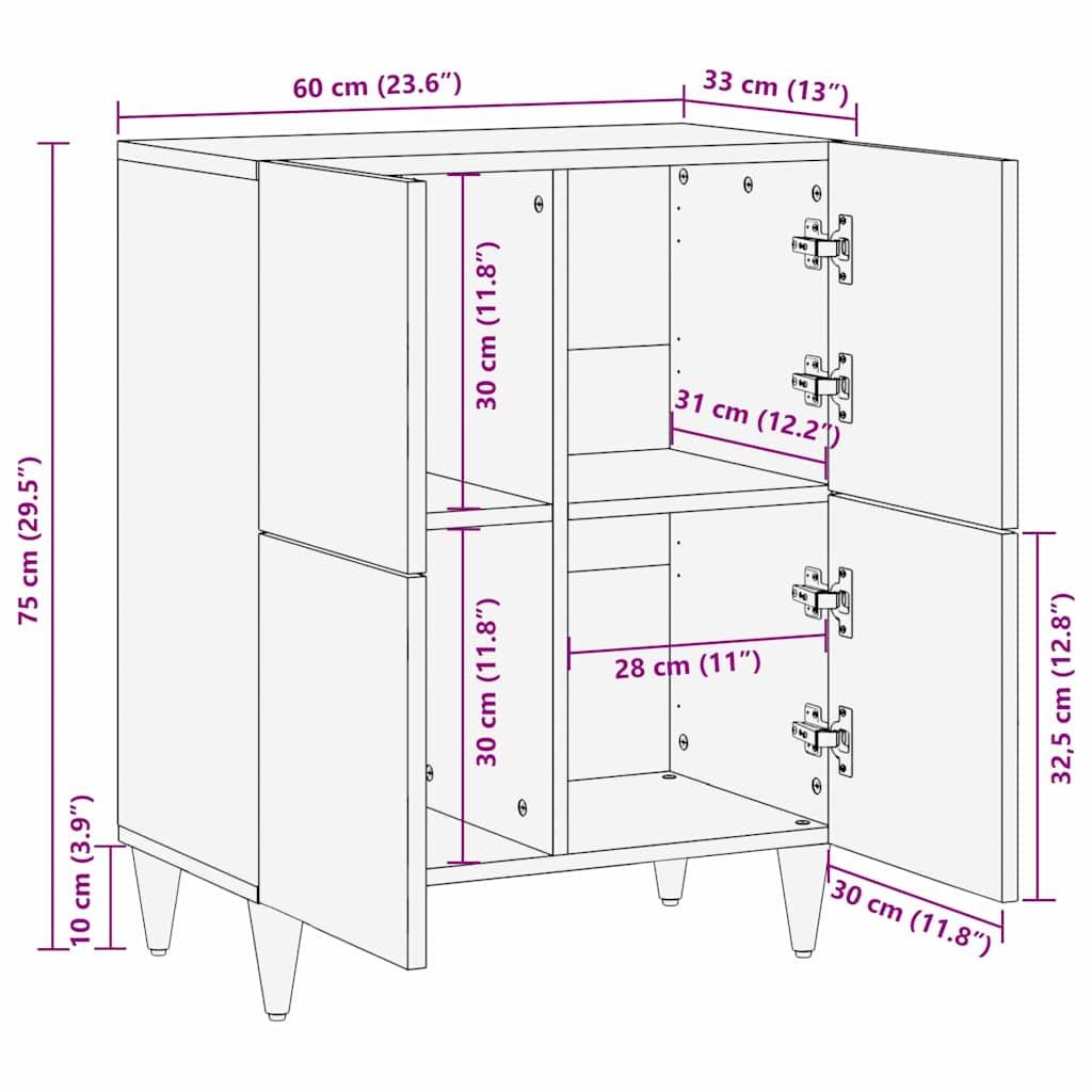 Sideboard With Shelf 60 X 33 X 75 Cm Solid Mango Wood