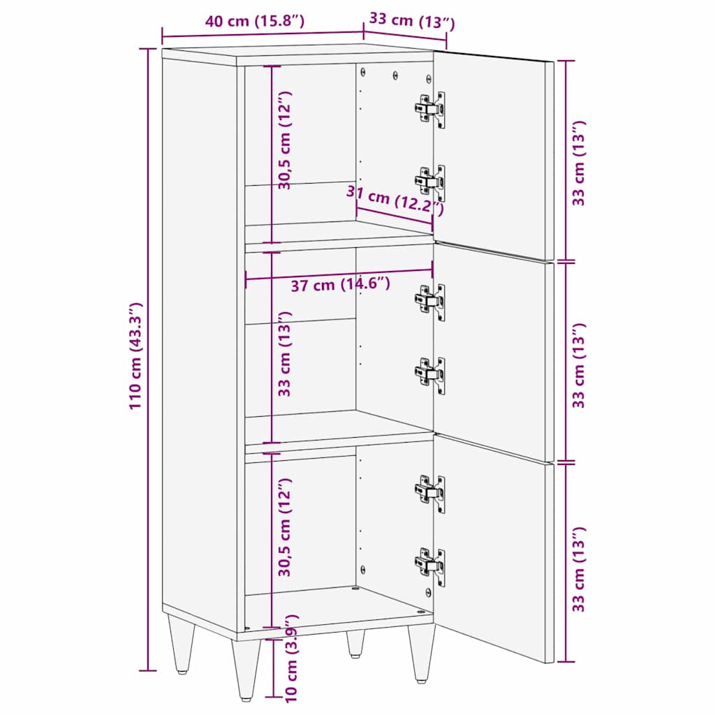 Highboard With Shelf 40 X 33 X 110 Cm Solid Mango Wood