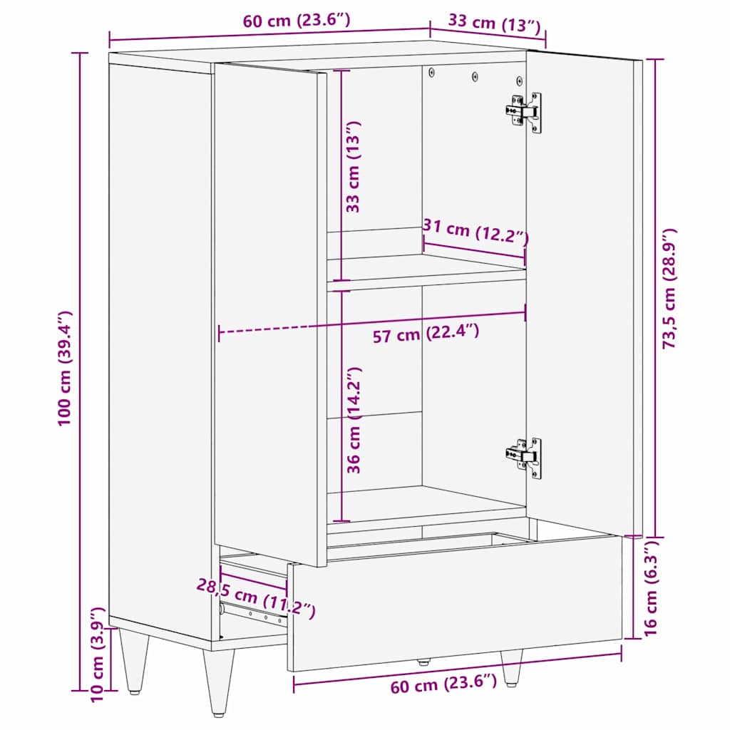 Highboard With Drawer 60 X 33 X 100 Cm Solid Mango Wood