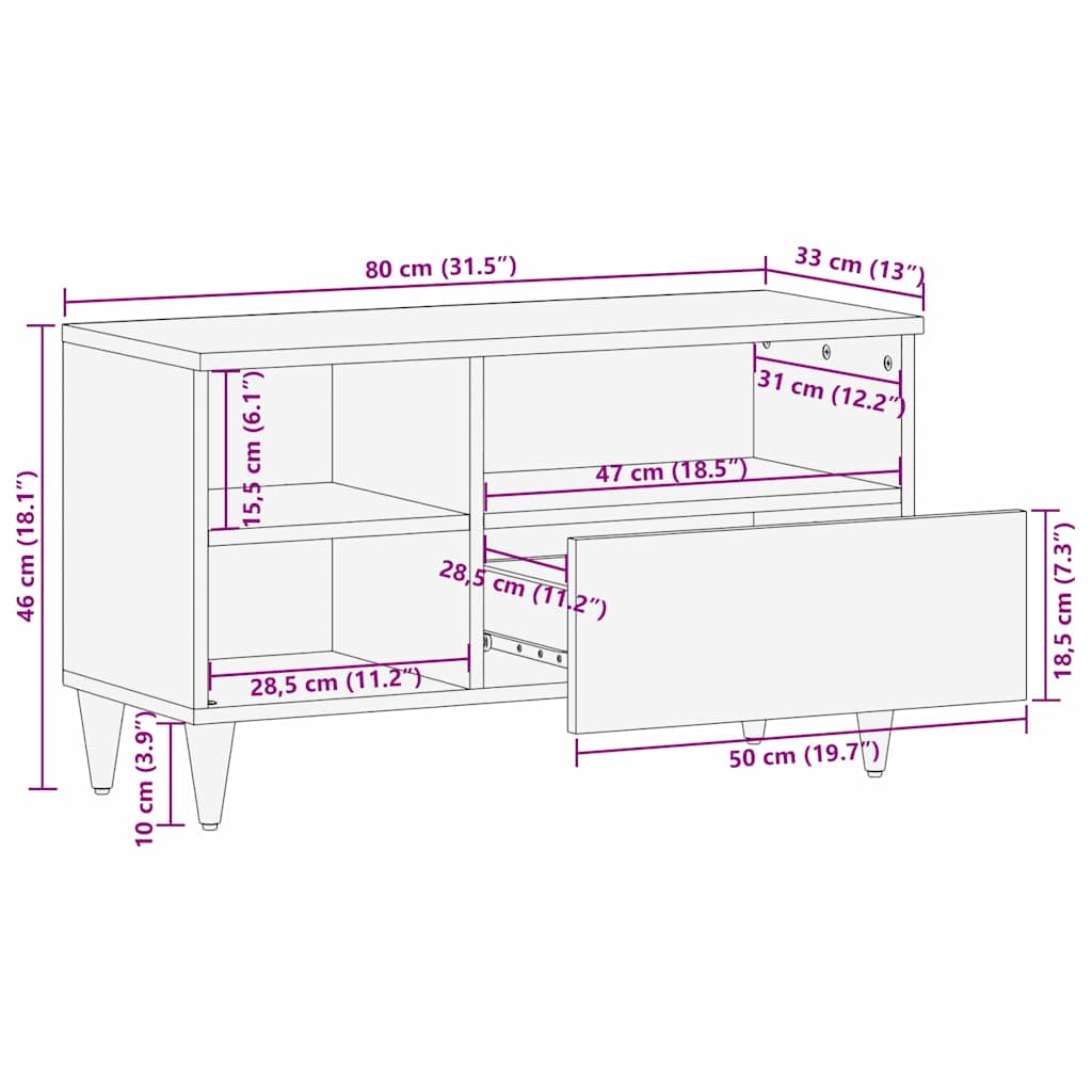 Tv Cabinet With Drawer Brown 80 X 33.5 X 46 Cm Solid Mango Wood