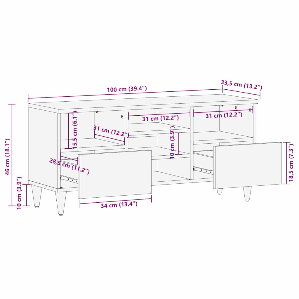 Media Storage Cabinet Tv Shelf Brown 100 X 33.5 46 Cm Solid Mango Wood 100 cm