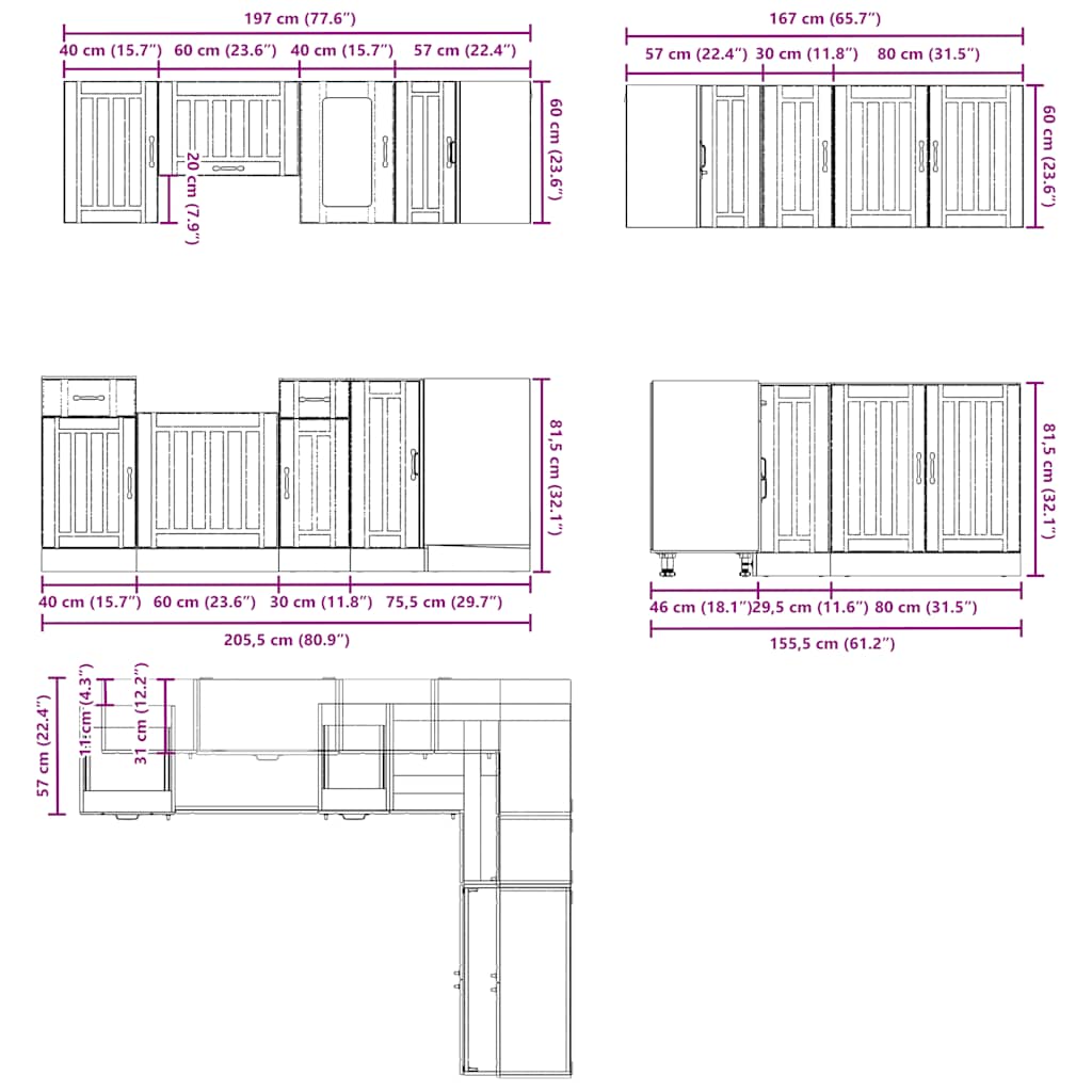 Kitchen Cabinets 11 Piece Cabinet Set Engineered Wood Concrete Grey Black White